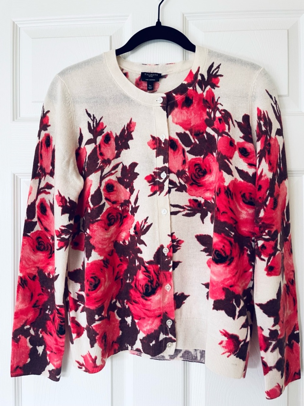 Talbots 100% Cashmere Floral Cardigan Rose Print Button Front